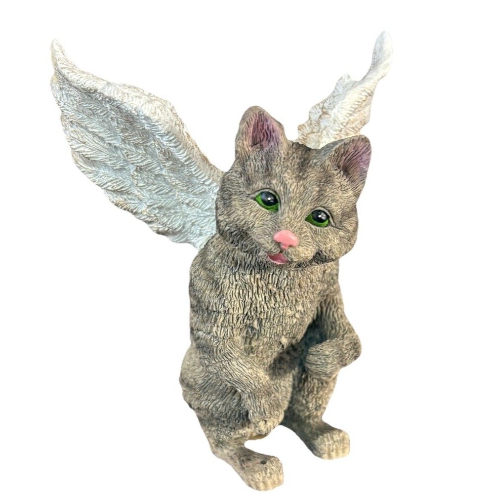 Gray Cat Angel Figurine with Wings 5” Christmas Ornament Guardian Pet Memorial